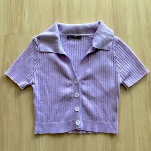 Ribbed, lavender, collared, button-down sweater-top. Carmar size small. Not worn